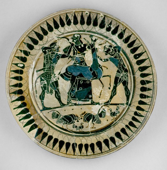Athenian? (or Laconian?) black-figure plate depicting Heracles and Apollo fighting over a deer, c560 Artist: Unknown.