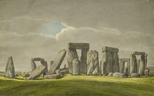 Stonehenge from the S.E, showing stones in ruined state with 2 visitors, 1824-1839. Artist: Henry Browne.