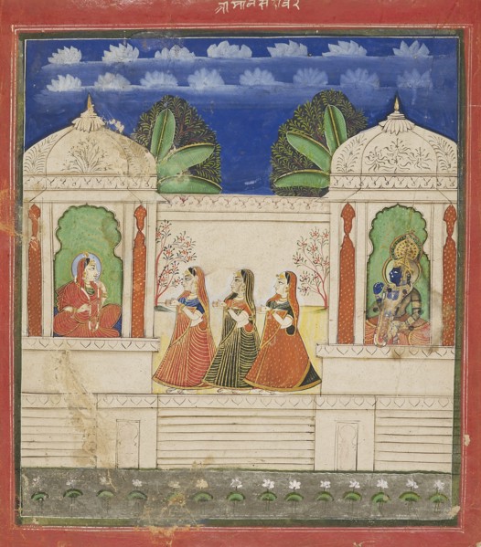 Krishna and Radha in two pavilions, 19th century. Artist: Unknown.