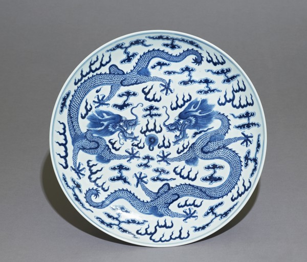 Blue-and-white dish, dragons chasing a flaming pearl, Qing Dynasty, Guangxu Period (1875 - 1908)) Artist: Unknown.