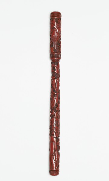 Lacquer writing brush and lid with peonies, early 15th century. Artist: Unknown.