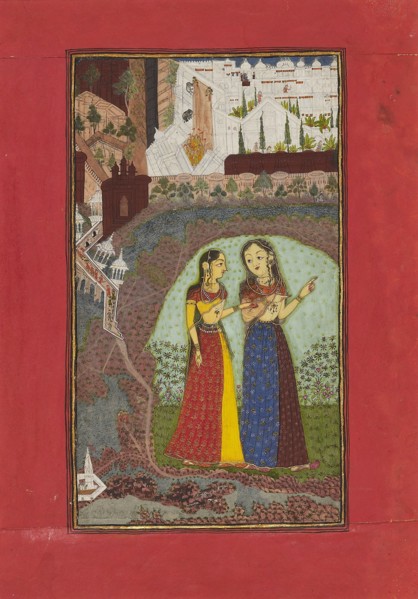 Two ladies in a landscape with palace, c1725. Artists: Unknown, Incha Ram.