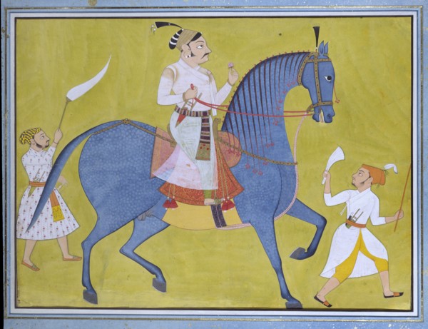 Maharaja Pratap Singh of Sawar riding, with two attendants on foot, c1700. Artist: Unknown.