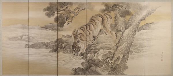 Six-fold screen depicting a drinking tiger, 1749-1838. Artist: Kishi Ganku.