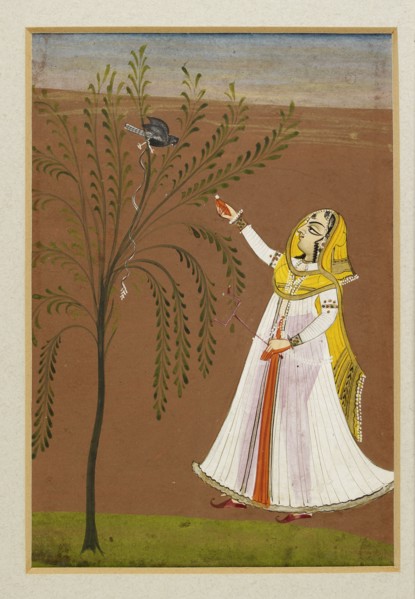 Lady feeding a bird in a tree, 19th century. Artist: Unknown.