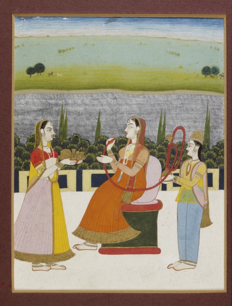 A lady seated smoking on a terrace, with two attendants, 19th century (1801-1900). Artist: Unknown.