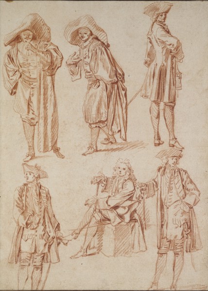 Two Studies of the Doctor in the Italian Comedy and four Officers, 18th century. Artist: Jean-Antoine Watteau.