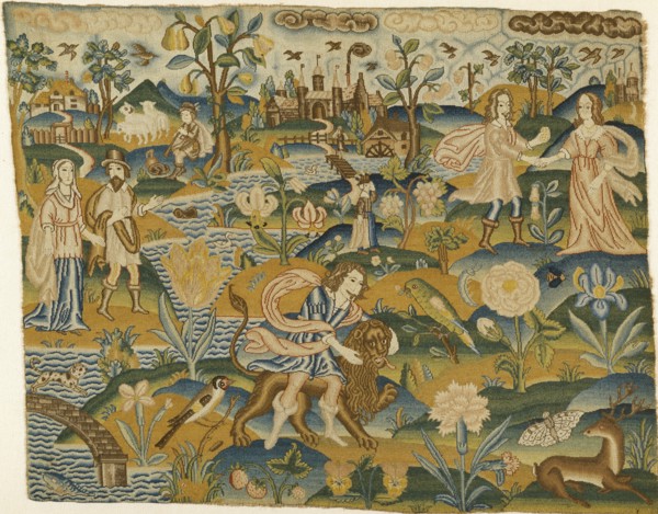 Embroidered picture: Man with a Lion in a Landscape with two Couples, 2nd half of the 17th century Artist: Unknown.