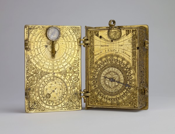 Gilt-brass cased clock-watch with alarm, sundials and lunar volvelle in the form of a book, c1580. Artist: Hans Kock.