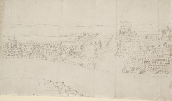 Panorama of London as seen from Southwark: Durham House to Barnard's Castle, 1554. Artist: Anthonis van den Wyngaerde.