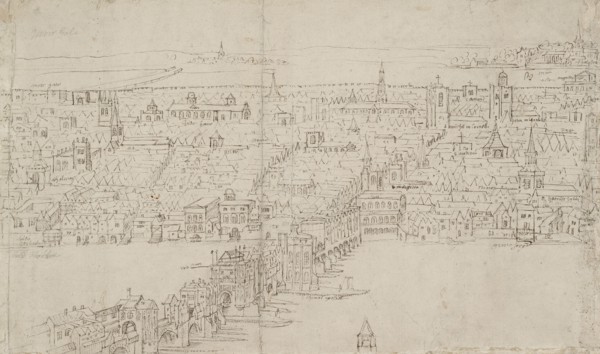 Panorama of London as seen from Southwark: London Bridge, 1554. Artist: Anthonis van den Wyngaerde.