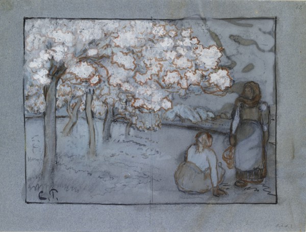 Compositional study of two female peasants conversing in an orchard, c1894. Artist: Camille Pissarro.