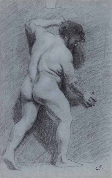 Study of a male nude posed against a wall seen in profile facing right, 1856-1860. Artist: Camille Pissarro.
