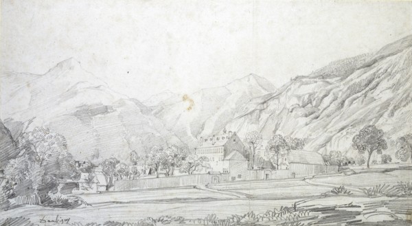 View of Buildings in a walled Enclosure with Mountains in the Background, mid 19th century. Artist: Charles Francois Daubigny.