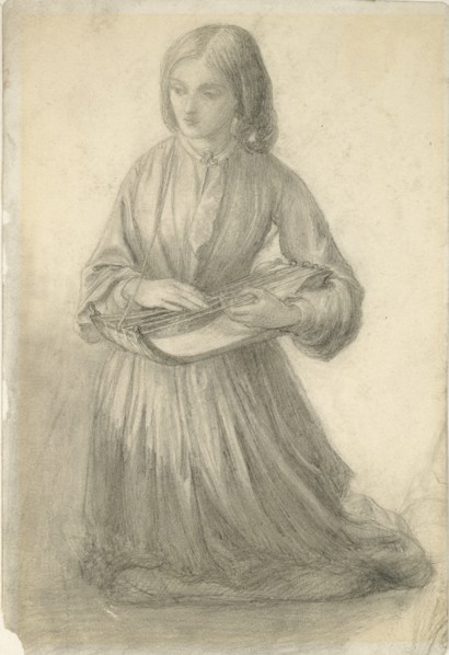 Elizabeth Siddal playing a Stringed Instrument, c1852. Artist: Dante Gabriel Rossetti.