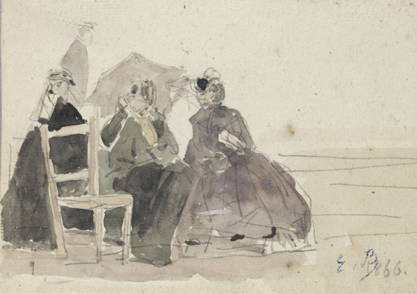 Three Women seated on Chairs on a Beach, late 19th century. Artist: Eugene Louis Boudin.