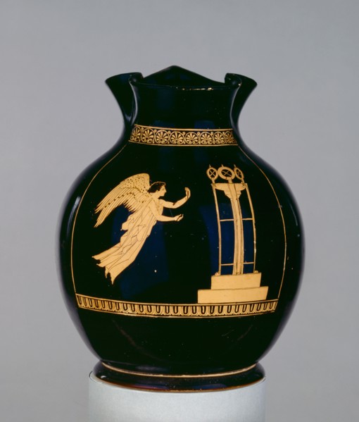 Attic red-figure wine jug (oinochoe), Nike with ribbon flying towards a tripod, 5th century BC, Artist: Calliope Painter.
