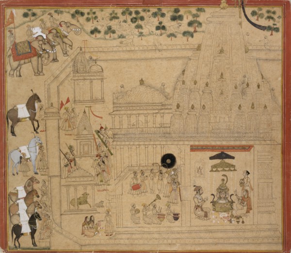 Maharana Amar Singh of Mewar at the Eklingji temple, c1705. Artist: Unknown.