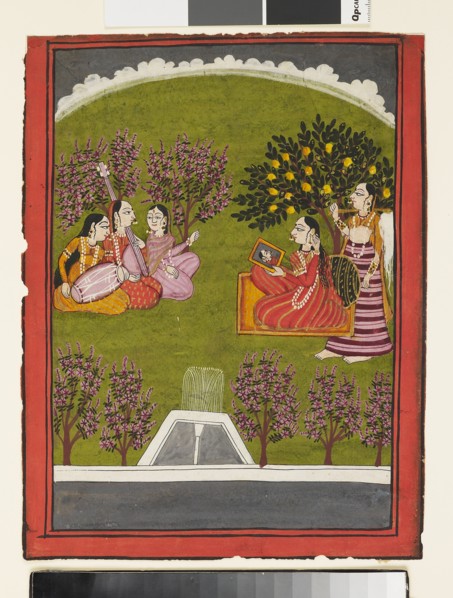 A lady seated with a mirror in a garden, with a maid and three musicians, c1919. Artist: Unknown.