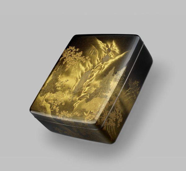 Ryoshibako, or paper box, with maple trees and waterfall, c1900. Artist: Koshichi Tomita.