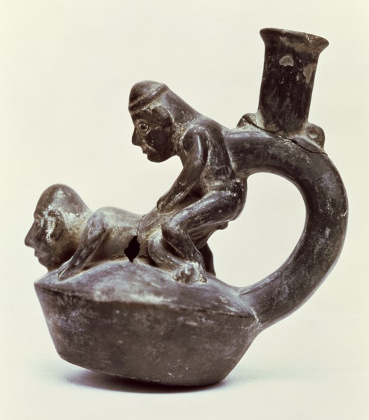 Anthropomorphic Vase with stirrup handle depicting two male persons performing a sex act, belongi?