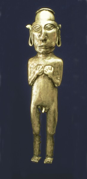 Empty anthropomorphic figure made of silver representing a male person with his arms across his c?
