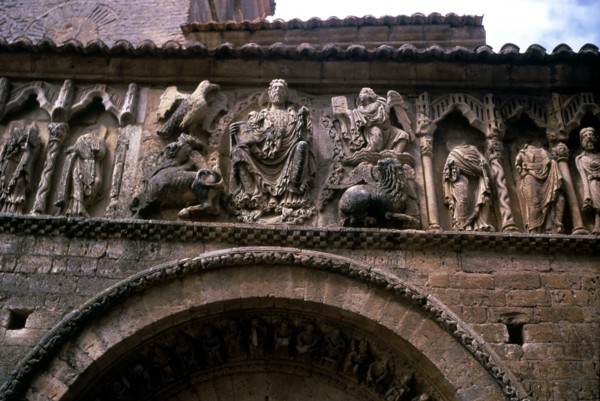 Romanesque façade of the Church of Santiago in Carrión de los Condes, detail of upper frieze with?