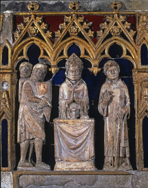 'Tomb of Saint Narcissus'. Front detail with Saint Narcissus saying Mass between warriors and an?