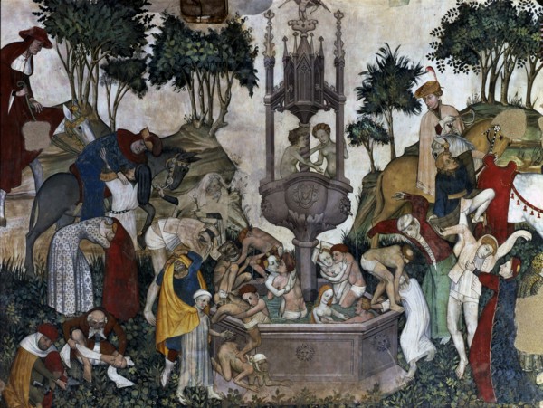 'The fountain after bathing in the Fountain of Youth'. Mural painting in the castle of the Duke ?