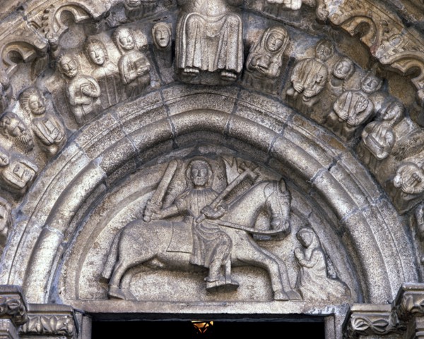 Detail of the tympanum with the image of Santiago on horseback at the Church of Santiago in Betan?