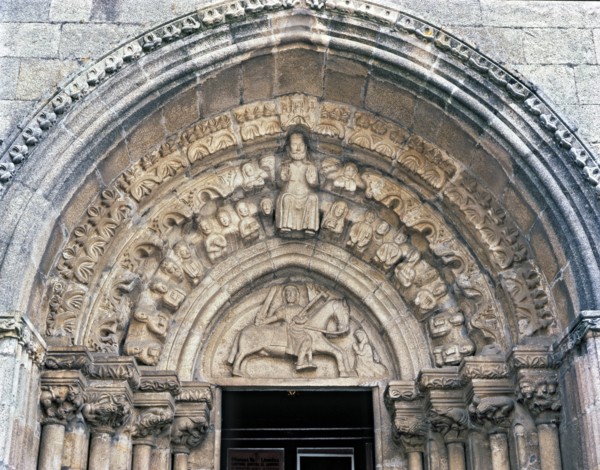 Church of Santiago, detail of the front door with sculpture of Santiago on horseback and Jesus Ch?