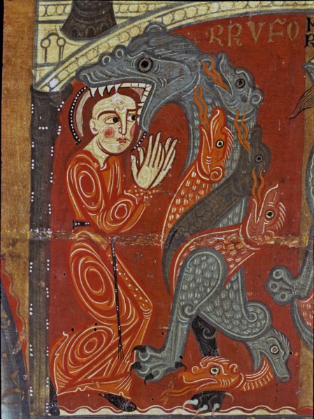 Detail of the altar front in the chapel of Santa Margarita, with a scene of a dragon devouring th?