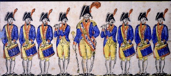 Reproduction of a cutout of a military music band, engraving, 1830s.