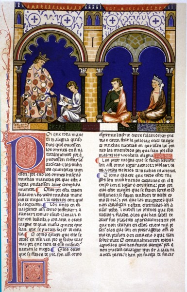 King instructing a child, miniature in the 'Book of Games', manuscript, 1283, by Alfonso X el Sabio.