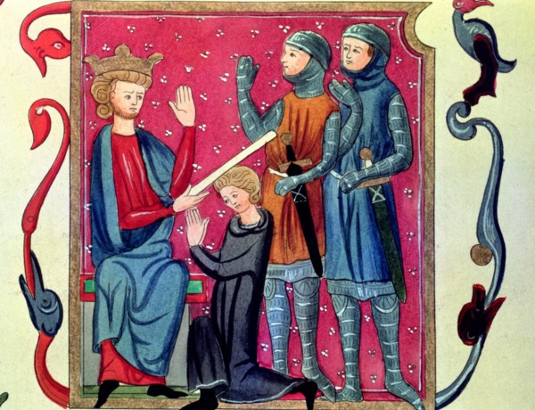 Investiture of a knight. Miniature in the 'Codex of Metz', 1290.