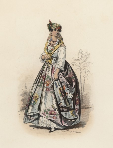 Mulatto woman from Martinique island, Color engraving 1870.