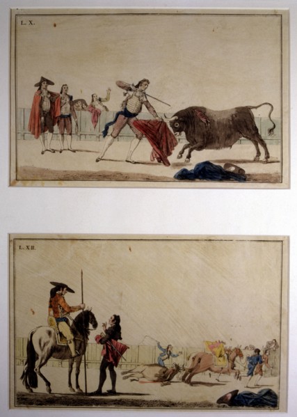 'Suerte de Matar' (Bullfighting stage), colored engraving by Antonio Carnicero.
