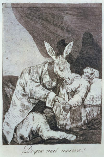 Los Caprichos, series of etchings by Francisco de Goya (1746-1828), plate 40: '¿De qué mal morirá?