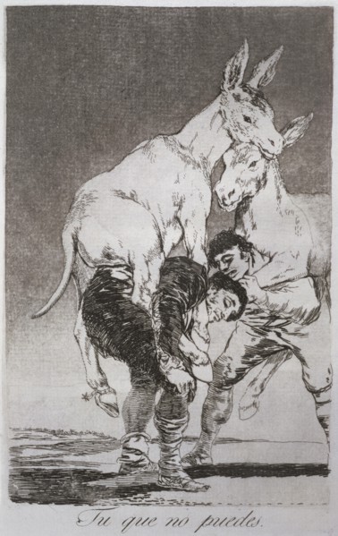 Los Caprichos, series of etchings by Francisco de Goya (1746-1828), plate 42: 'Tú que no puedes' ?