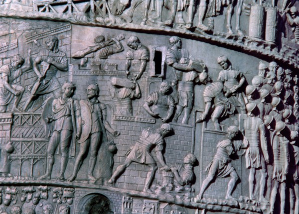 Trajan's Column, relief depicting the construction of a Roman camp, detail.