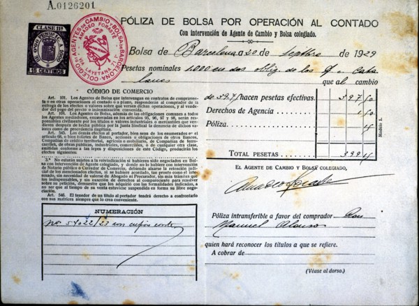 Stock policy by cash transaction issued in Barcelona in 1929, the document proves the ownership o?