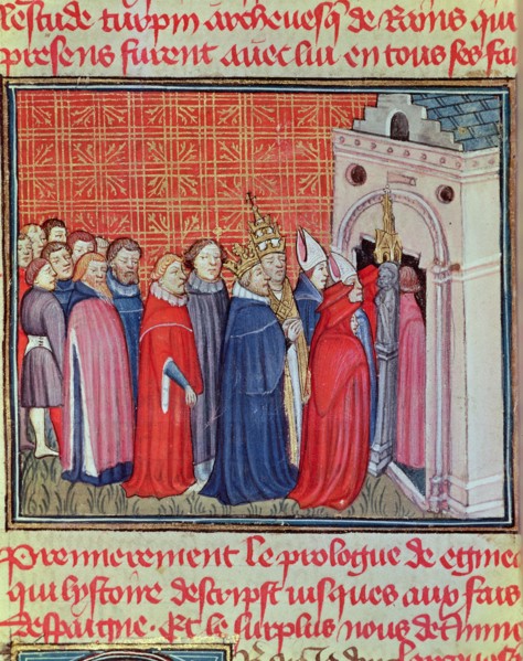 Charlemagne crowned Emperor of the West (800-814) enters in a church followed by prelates. Miniat?