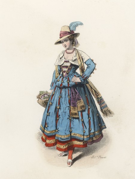 Peasant Woman from Lombardy, in the modern age, color engraving 1870.