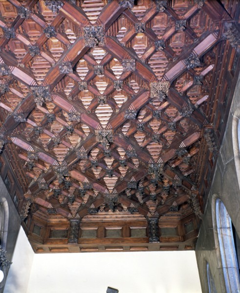 Wood coffered ceiling in one of the upstairs ceilings of the Güell Palace, built between 1886 and?