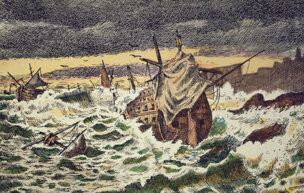 Destruction by the storms of the Spanish Armada, sent by King Philip II against England in 1588.