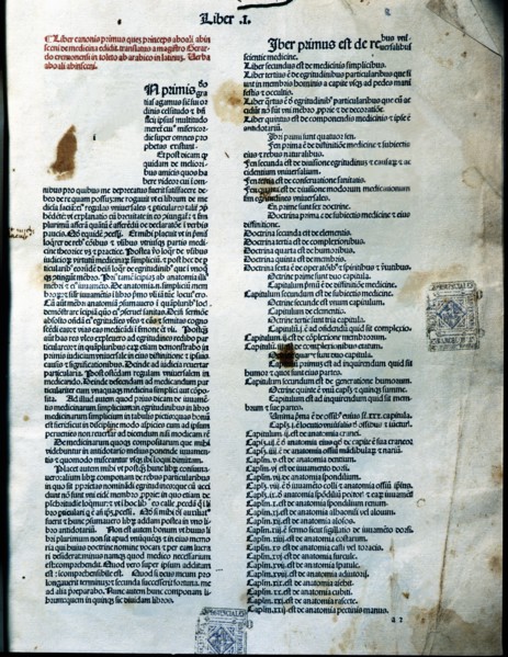 Canon of Medicine, page of Book I of the Latin edition 1490, work by Avicenna.