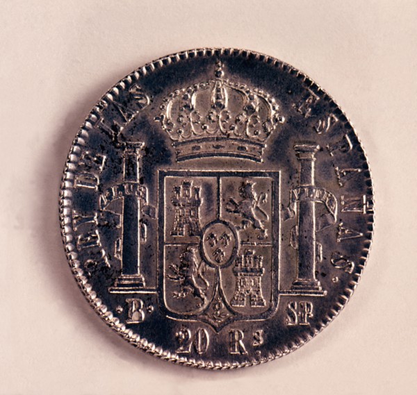Back of a coin of 20-reales in silver, Ferdinand VII. Mint: Barcelona, 1823.