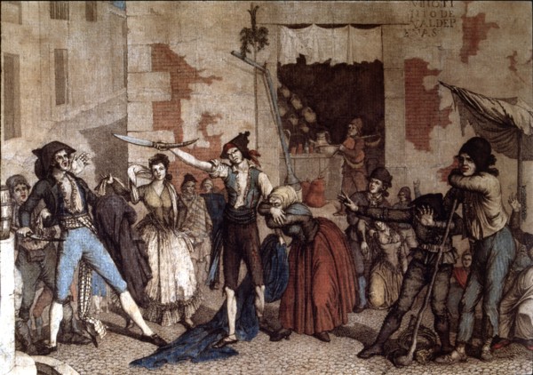 Anonimous engraving of the 18th century with the final scene of the play 'Manolo', one-act comedy?