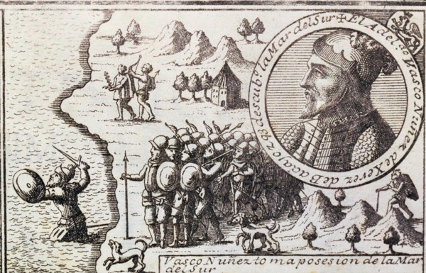 'Vasco Nunez takes possession of the South Sea', engraving from 1726, Vasco Nunez de Balboa, (14?