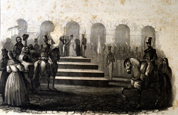 Public reading of the proclamation of Elizabeth II as Queen of Spain under the regency of her mot?